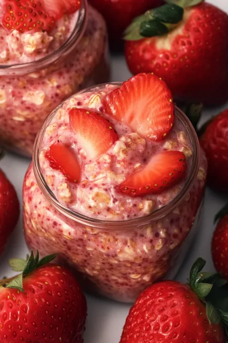 A bowl of strawberry yogurt with strawberries on top.