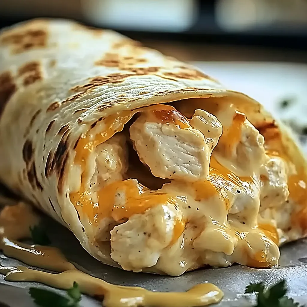 A cheesy chicken wrap with garlic sauce.