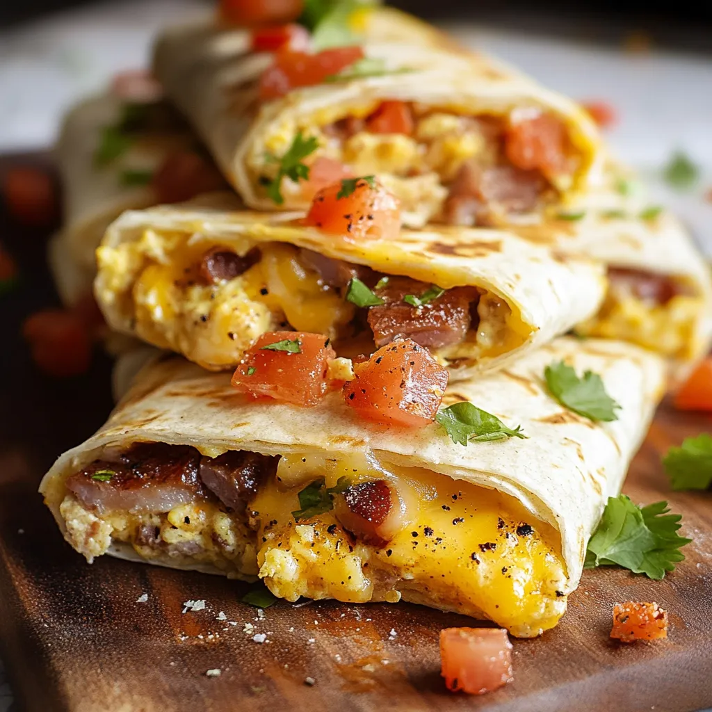 Stacked burritos filled with eggs, cheese, and sausage.