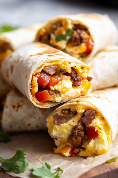 A plate containing a wrapped burrito next to a sunny side up egg.
