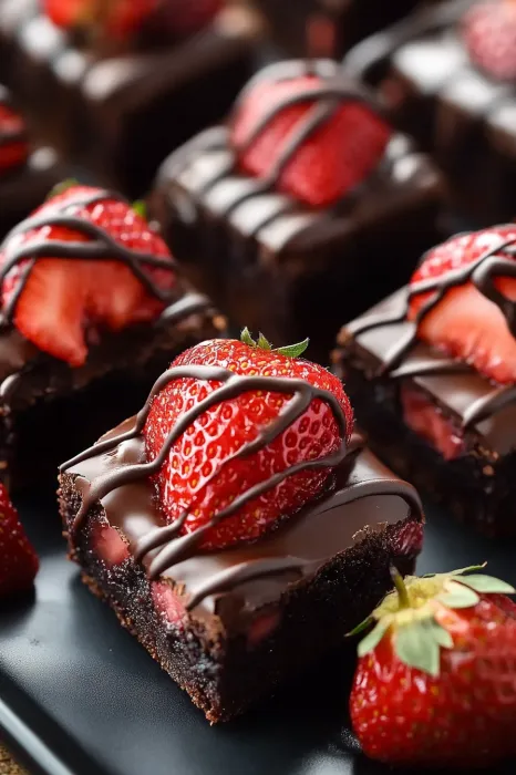 Chocolate drizzled strawberries on brownie base.