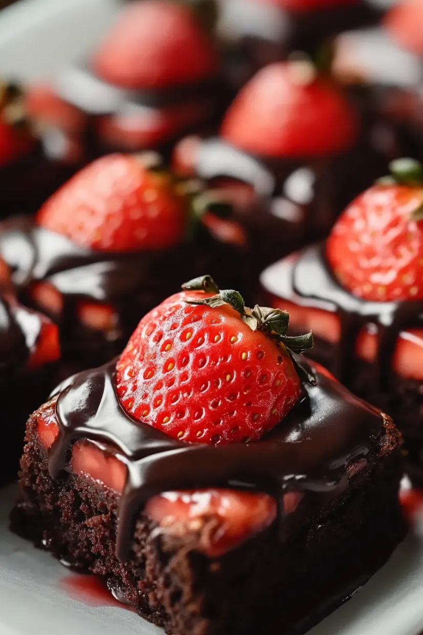 A dark chocolate dessert with fresh strawberries decorating the top.