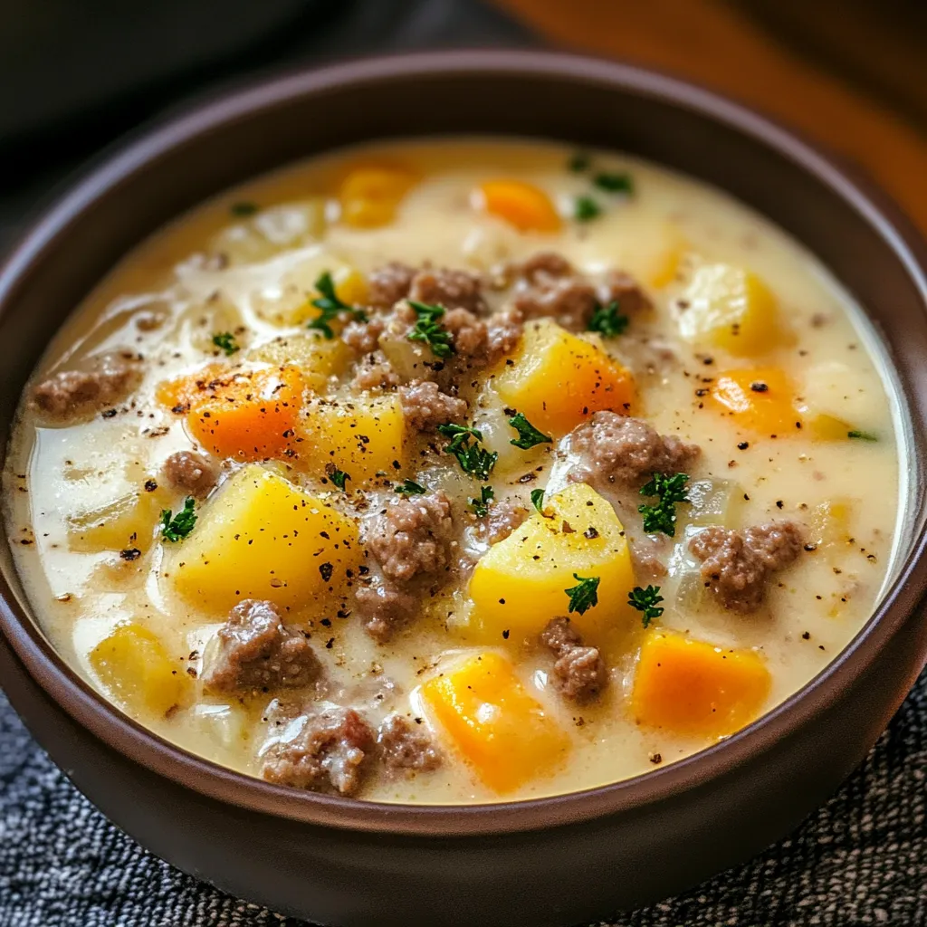A steaming bowl filled with veggies, meat, and potato soup.