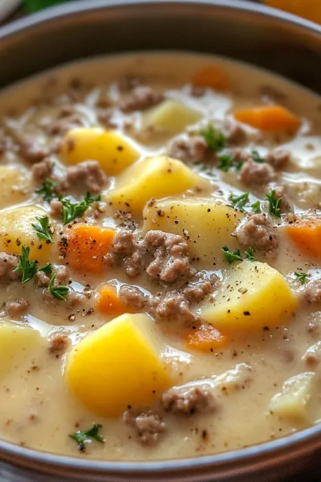 A bowl of soup with meat and vegetables.