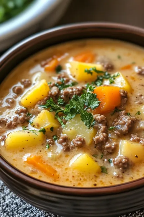 A bowl of soup with meat and vegetables.