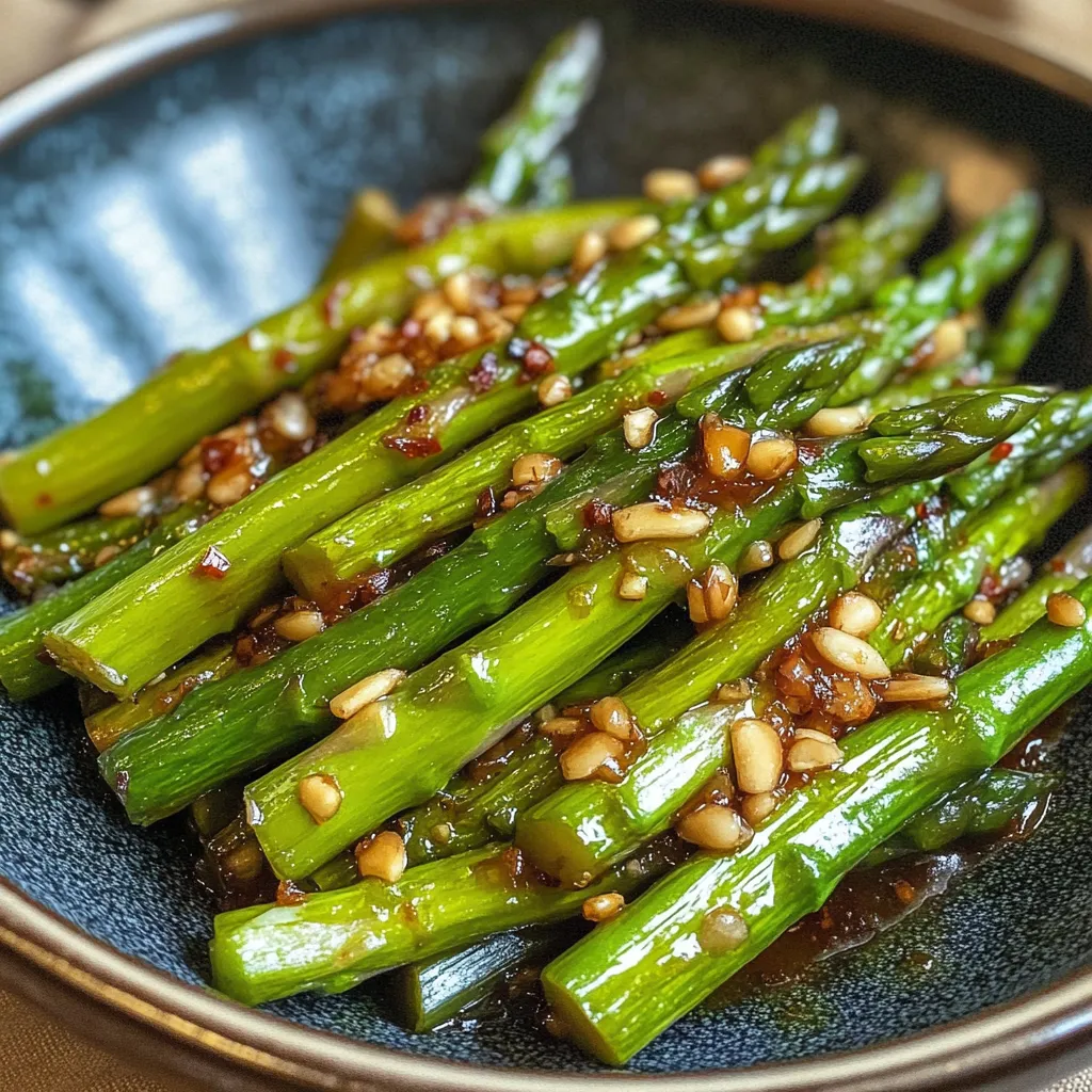 A delicious plate of sautéed asparagus with garnishes on top.