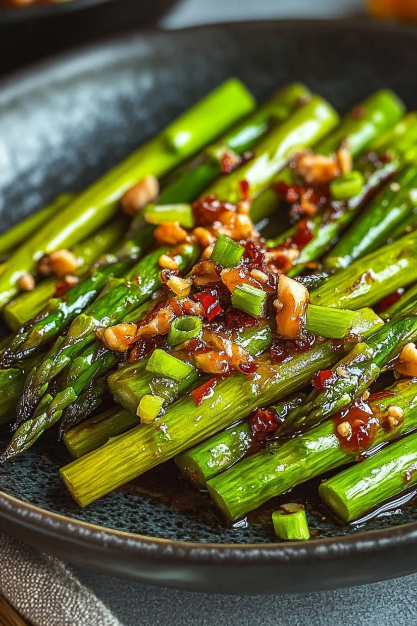 A plate of asparagus with a sauce.