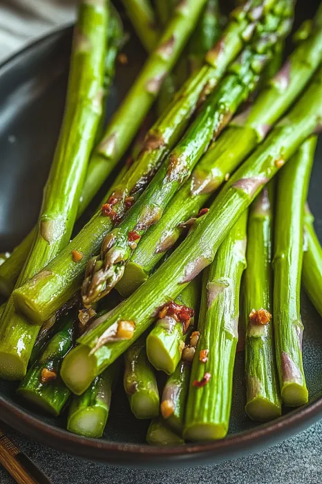 A plate of green asparagus with red pepper.