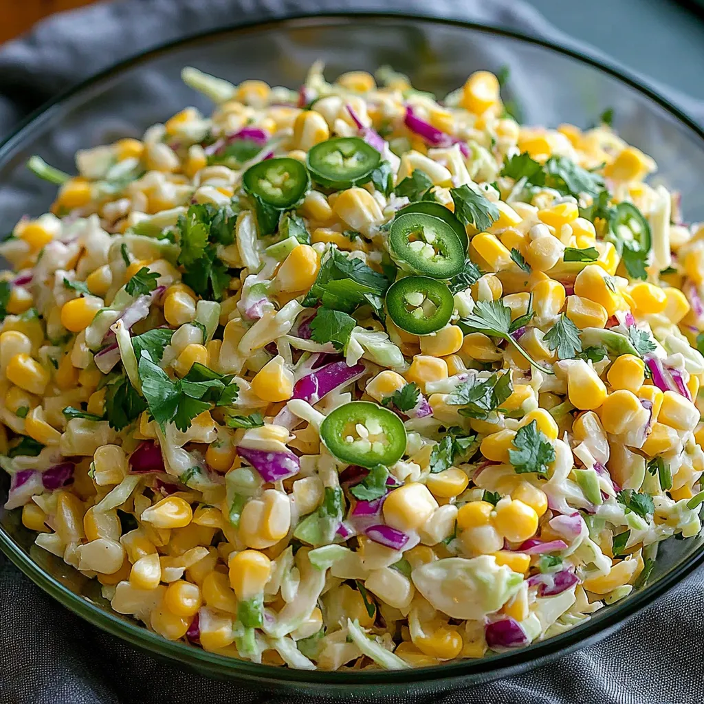 A fresh slaw with cabbage, corn, and peppers in a bowl.