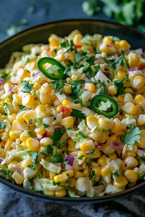A bowl of food with jalapenos and corn.