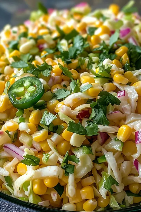 A close up of a salad with corn, onions, and jalapenos.