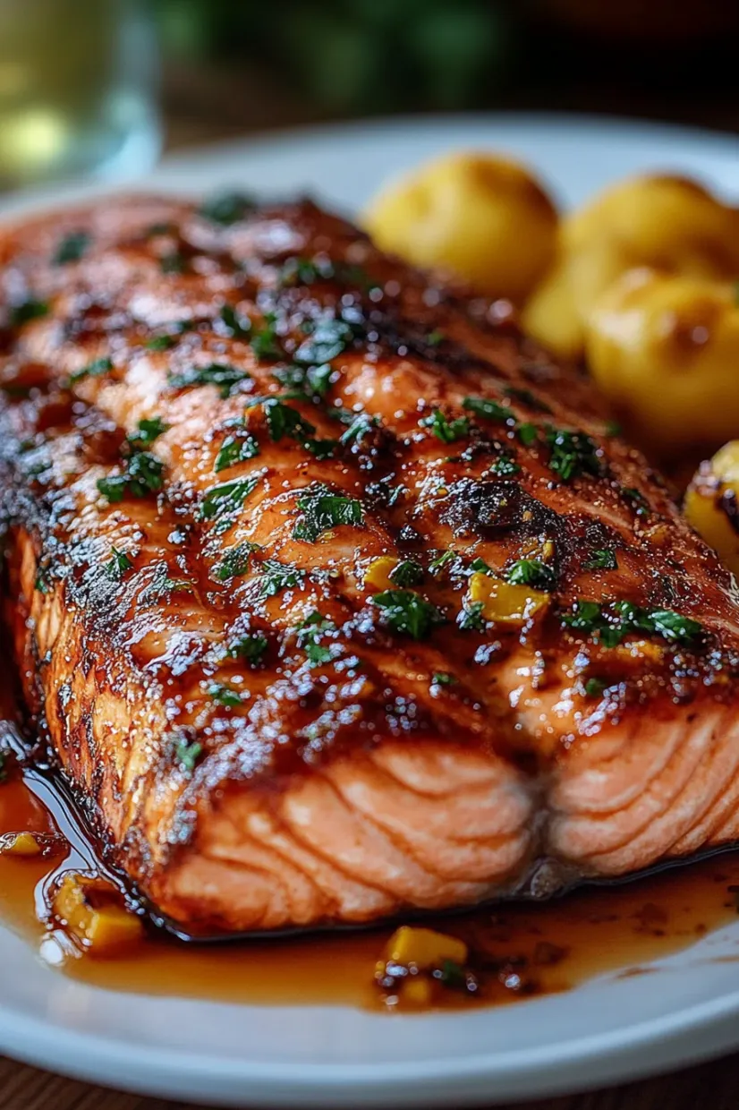 A piece of salmon with a brown sauce.