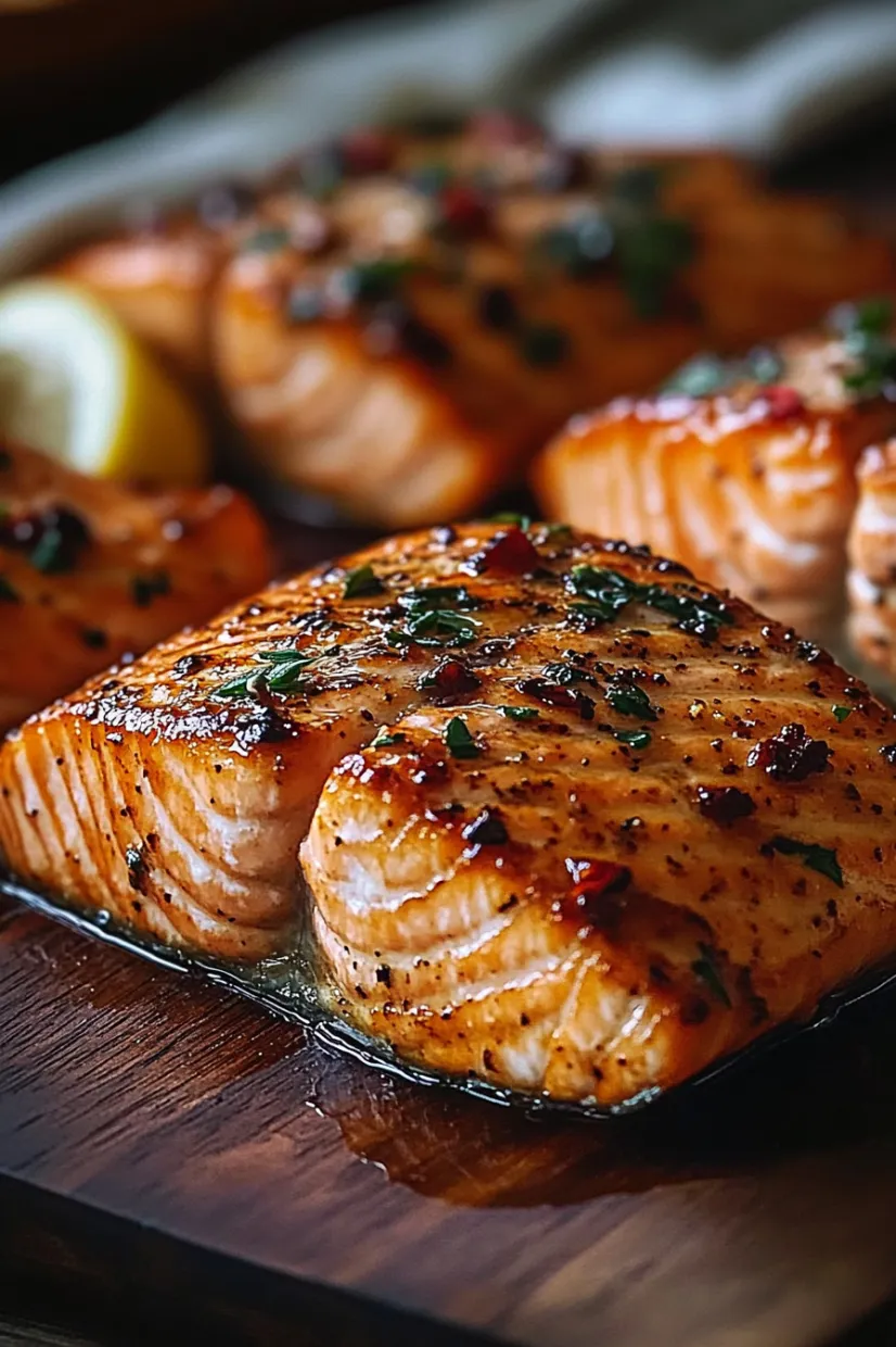 A plate of cooked fish with lemon wedges.