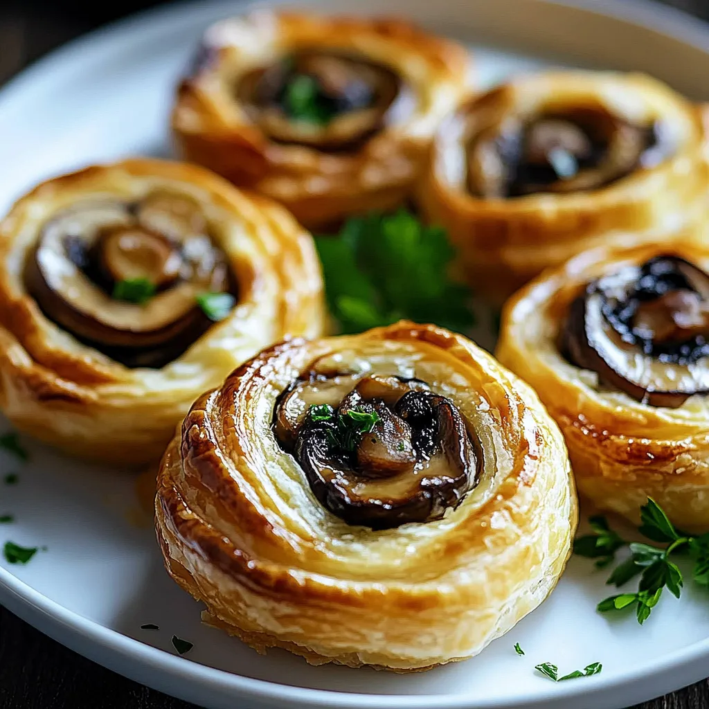 Four flaky pastries stuffed with mushrooms on a plate.