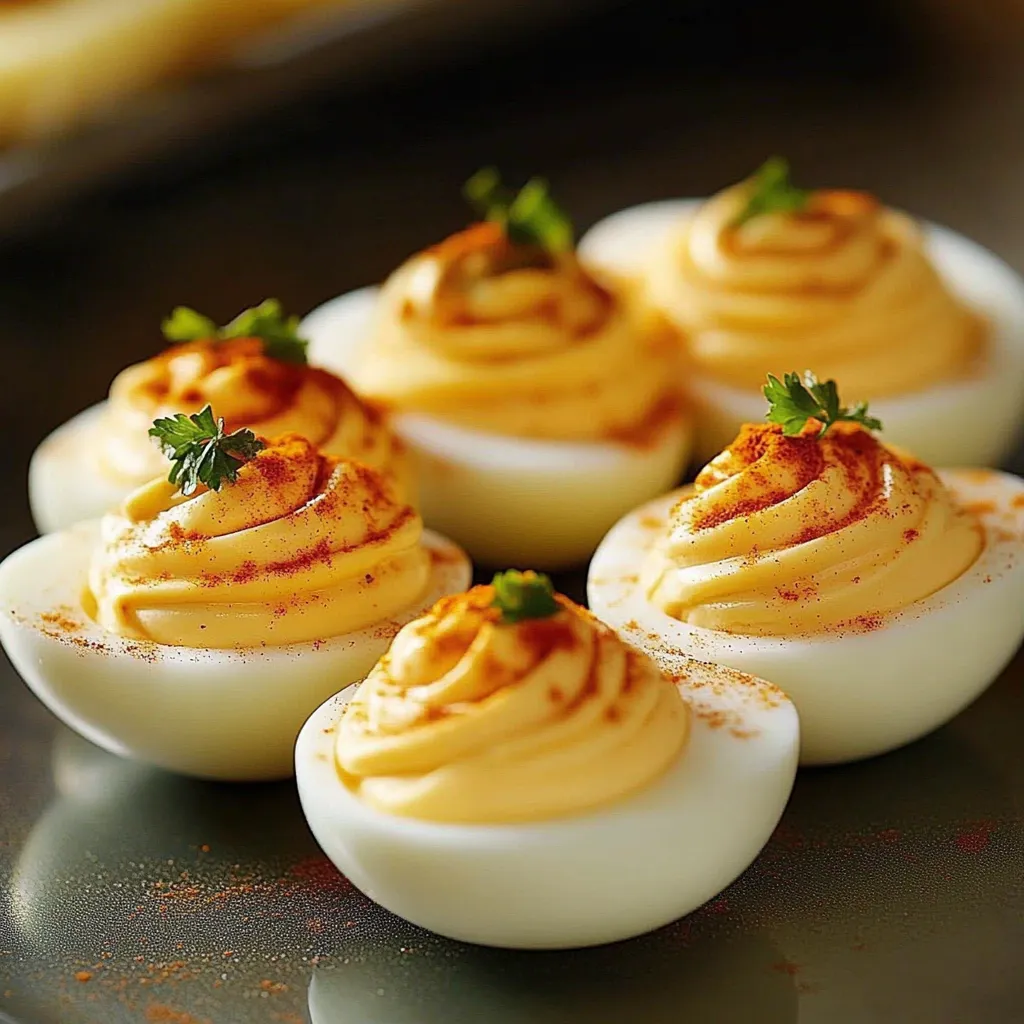 Egg halves with orange topping sprinkles.
