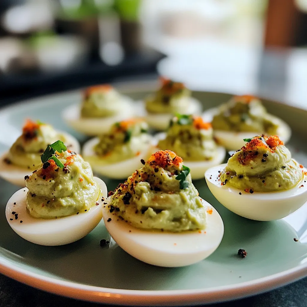 A serving of deviled eggs topped with paprika.