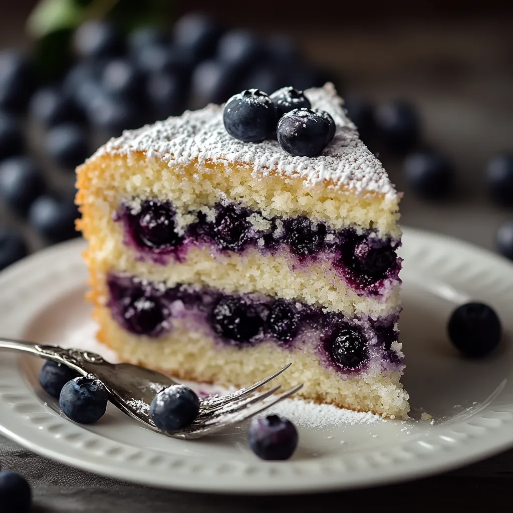 A plate with a slice of lemon blueberry cake topped with powdered sugar.