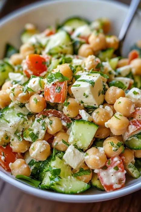A bowl of vegetables including tomatoes, cucumbers, and chickpeas.