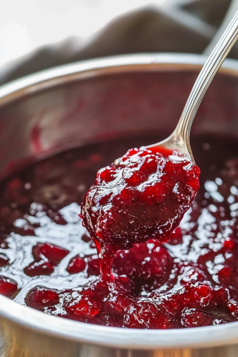 A spoon is in a bowl of red jello.
