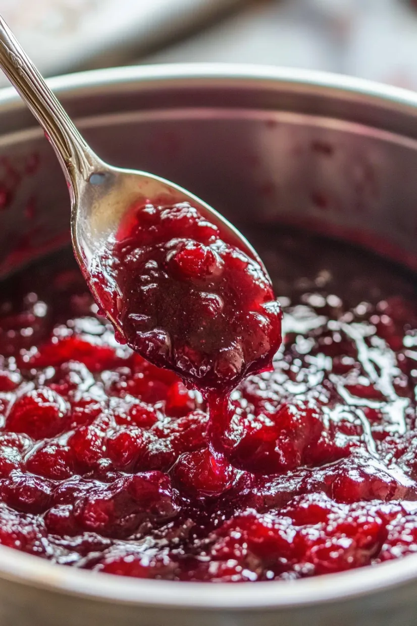 A spoon is in a bowl of red jam.