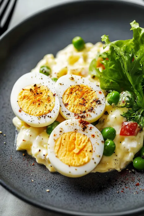 A plate of food with eggs and peas.