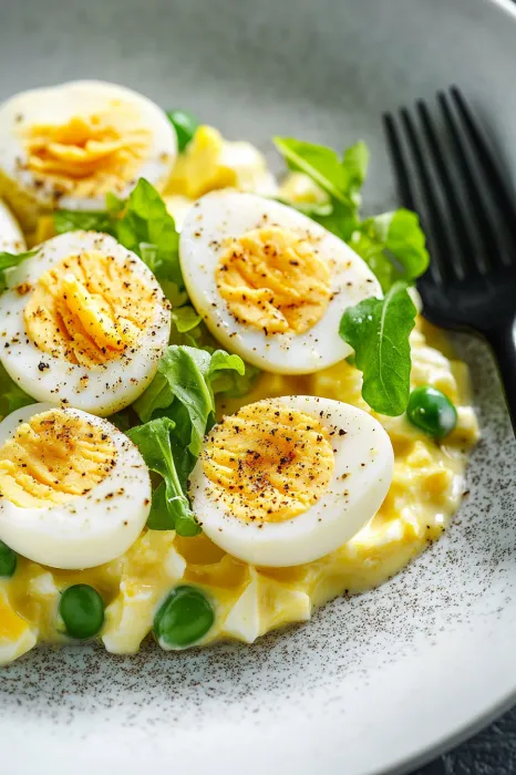 A plate of eggs with a fork.