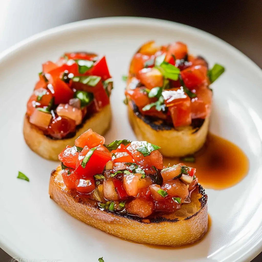 Two crispy bread slices topped with tomatoes and fresh basil.