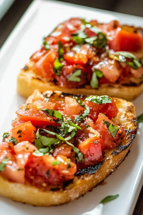Two pieces of toasted bread with tomatoes and basil.