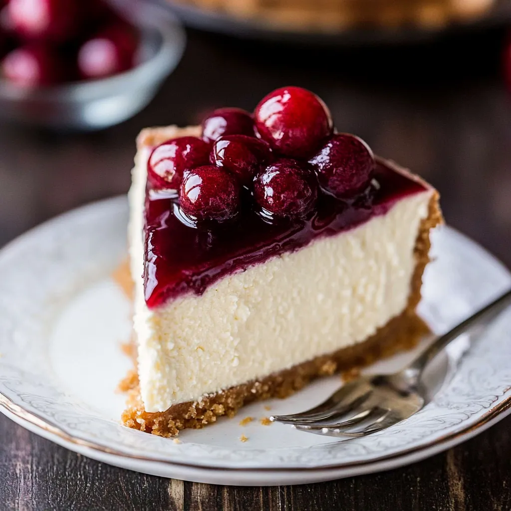 A cheesecake slice topped with cherries.