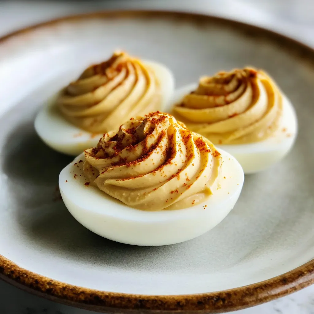 Two eggs on a plate topped with filling.