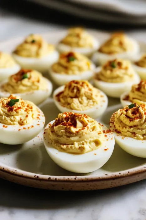 A plate of deviled eggs with a spoon.