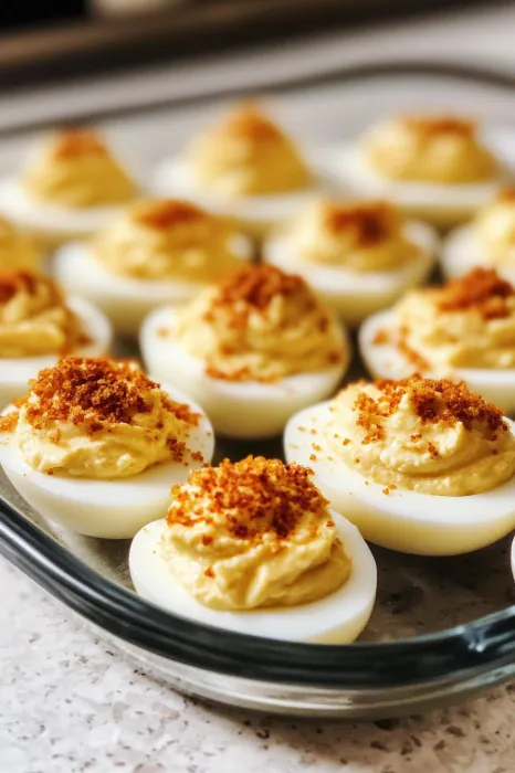 A plate of deviled eggs with a yellow sauce.