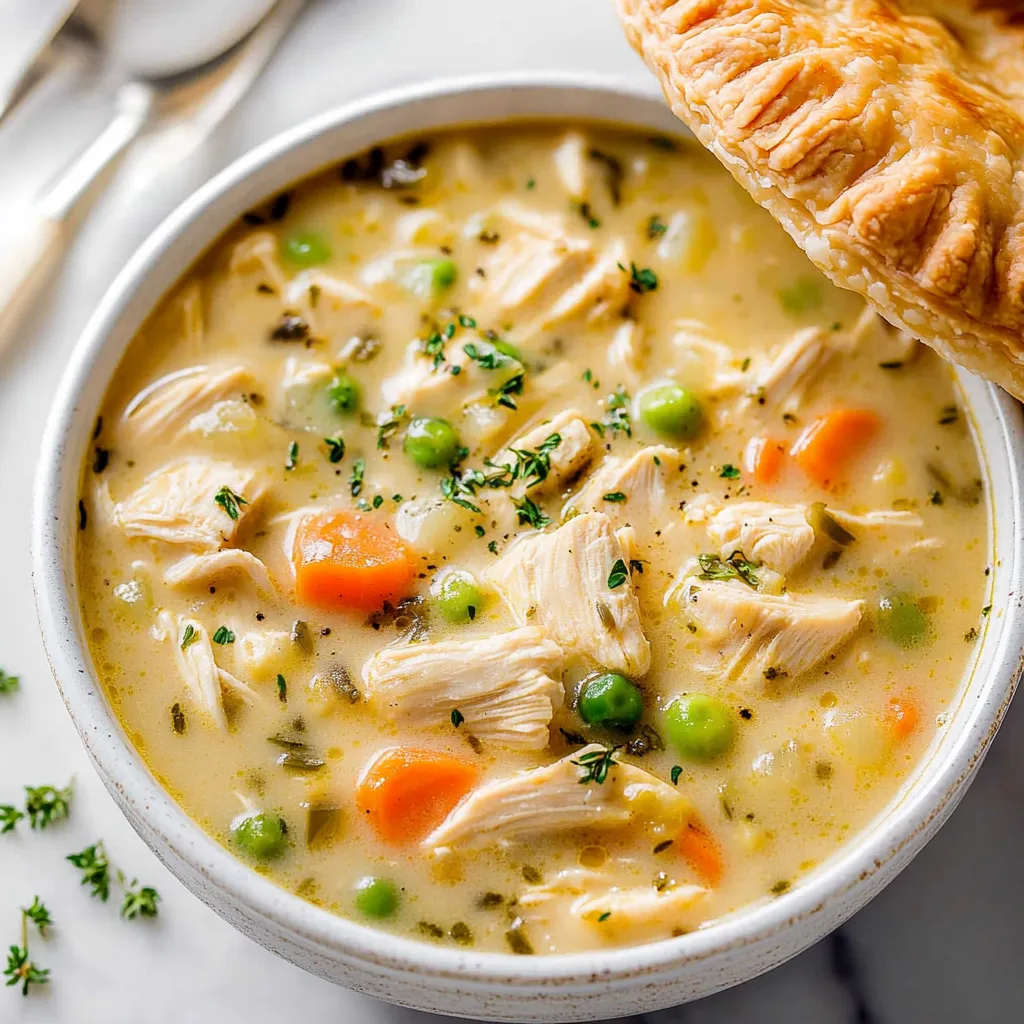 A creamy chicken soup with bright vegetables in a bowl.