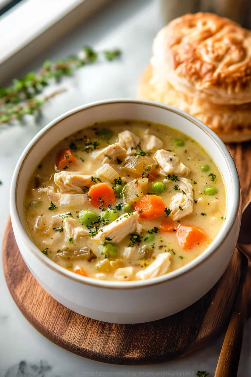 A bowl of soup with chicken and vegetables.