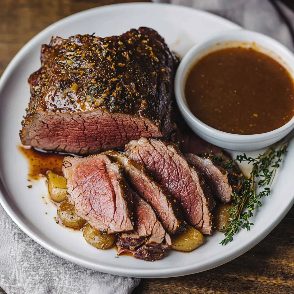 A plate of meat and gravy.