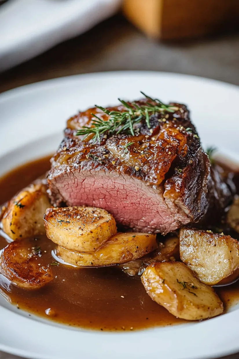 A piece of meat with potatoes and herbs on a plate.