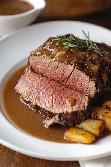 A steak with gravy on a white plate.