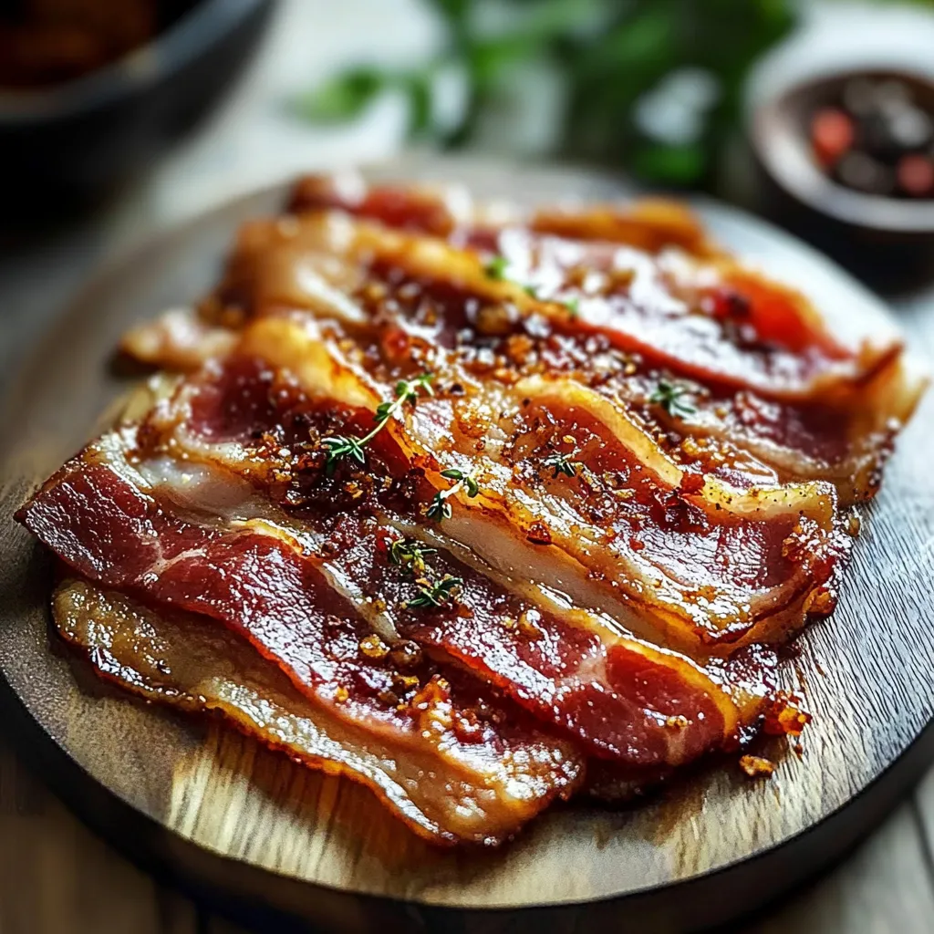 Golden crispy bacon stacked on a board.