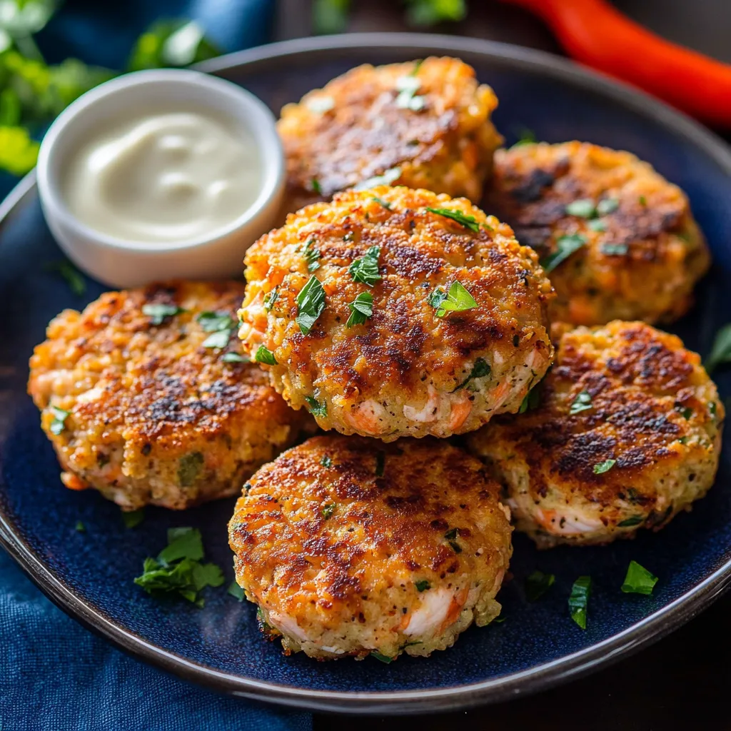 Golden salmon patties on a plate with a creamy sauce.