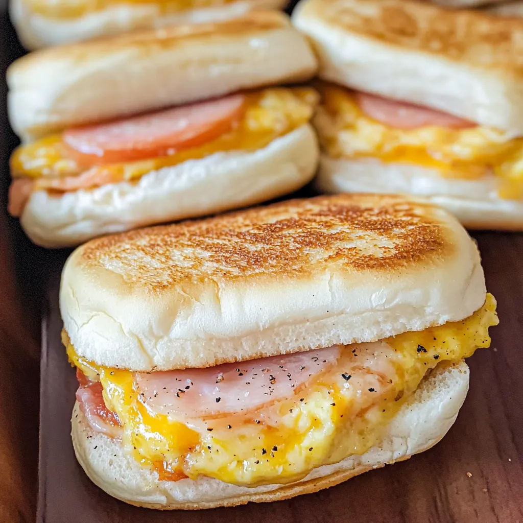 Plate of English muffins with ham and eggs.