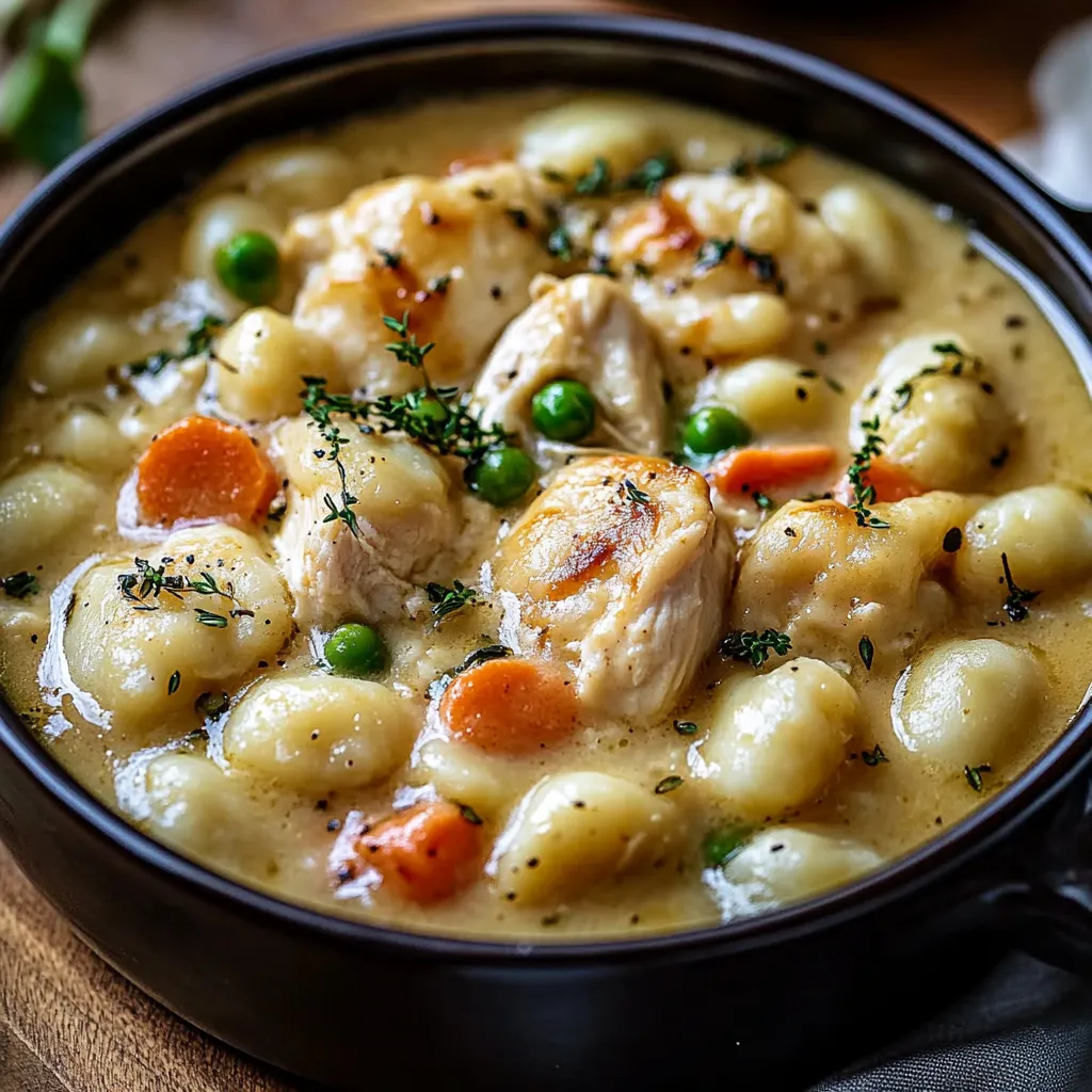 A bowl of creamy chicken gnocchi with herbs and veggies.
