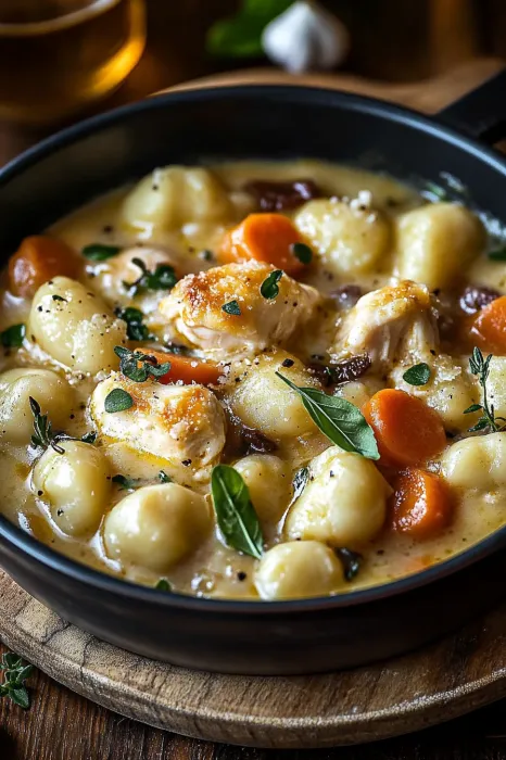 A bowl of soup with chicken and carrots.