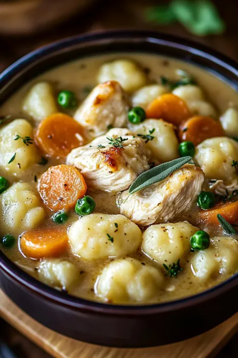 A bowl of soup with chicken, carrots, and peas.