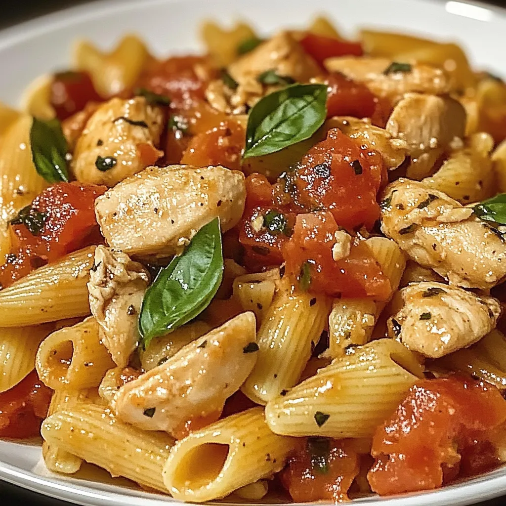 A bowl of chicken pasta dressed with fresh tomatoes.