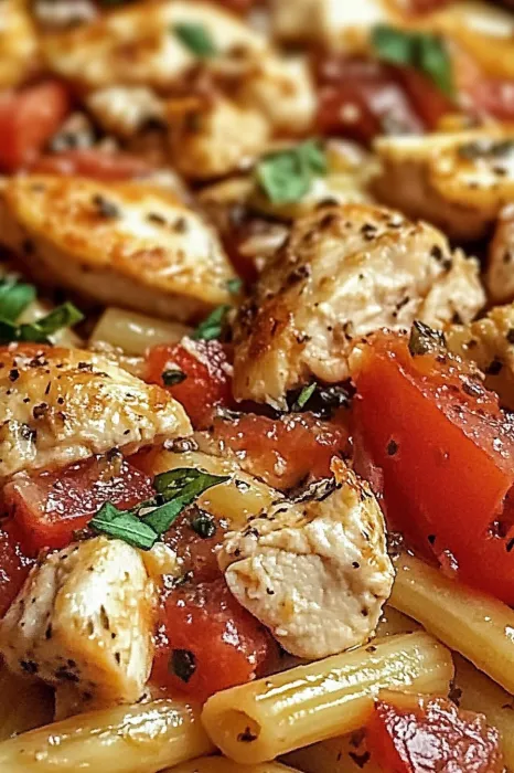 A plate of chicken and tomatoes.