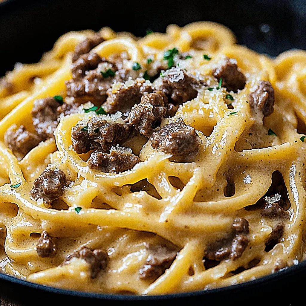 A serving of creamy pasta with garlic butter and beef.
