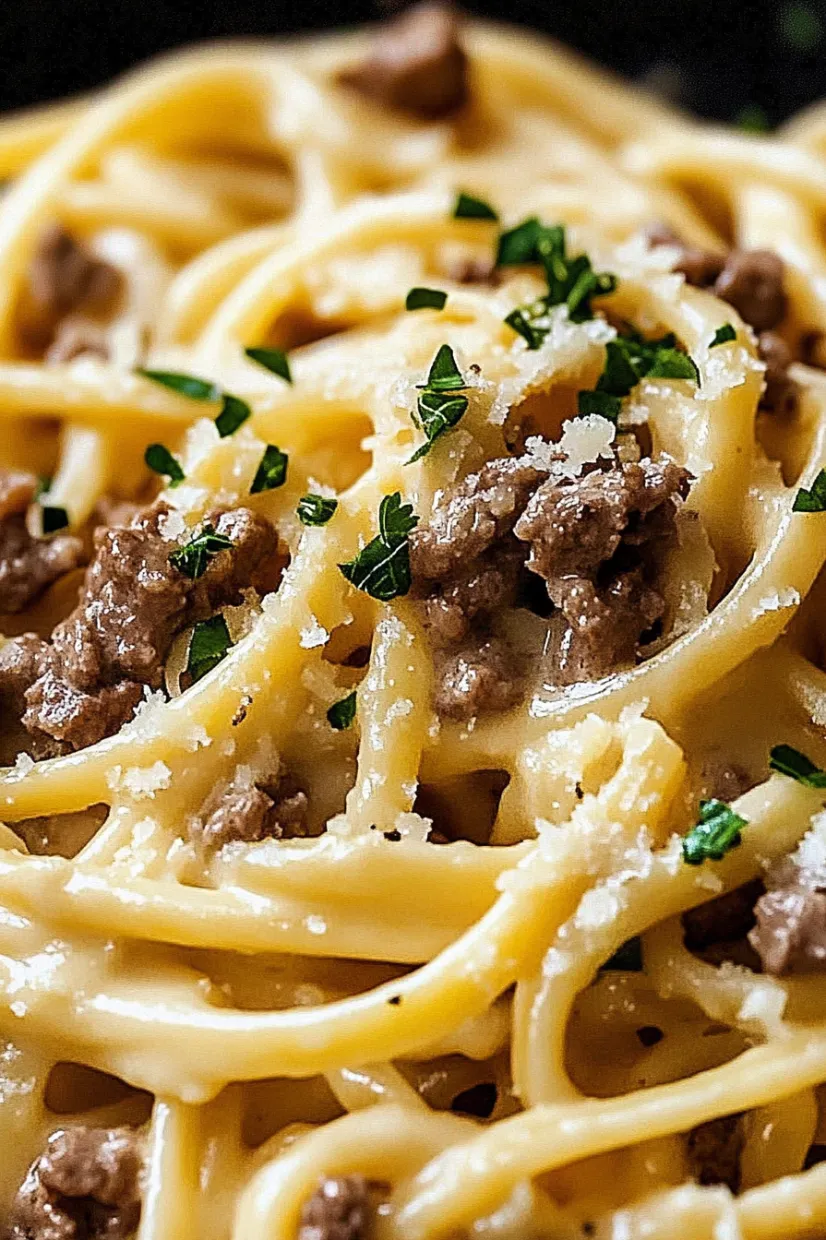 A bowl of pasta with meat and cheese.
