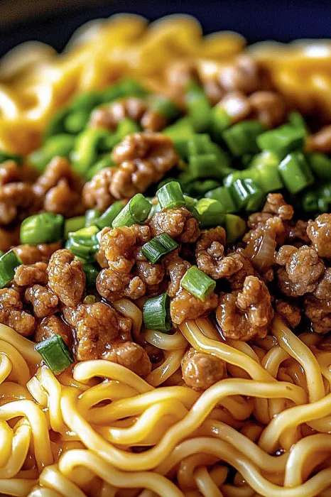 A bowl of noodles with meat and vegetables.