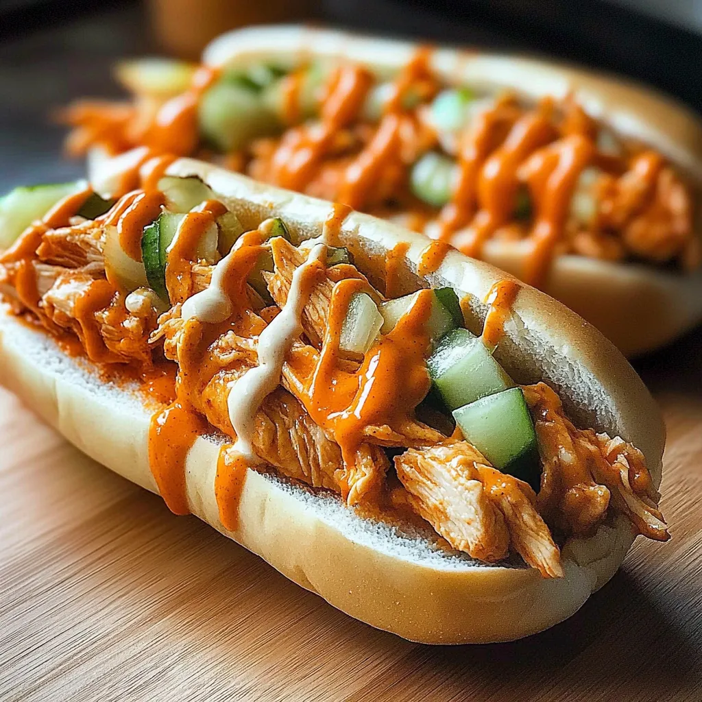 A loaded sandwich with sliced cucumbers and sauce on a bun.