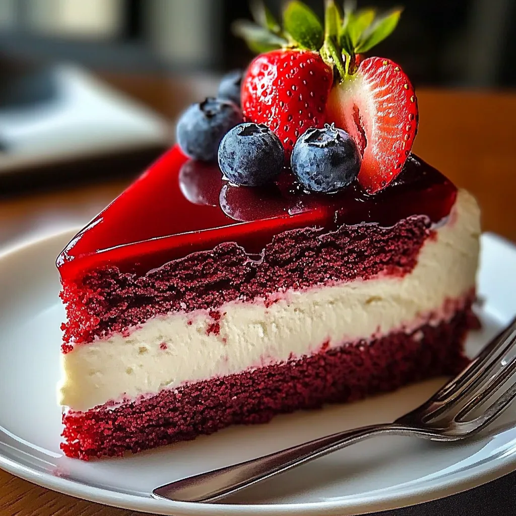 Red velvet cake topped with strawberries and blueberries.